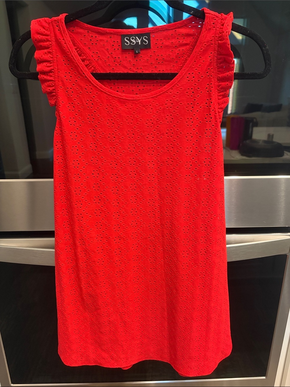SSYS Red Eyelet Ruffle Strap Tank